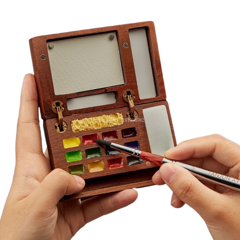 Gouache Paint Set - 旅行用絵画ボックス木製ペイントボックスポータブルアートパレット屋外学生スケッチプロフェッショナル12グリッドカラーパレットセット