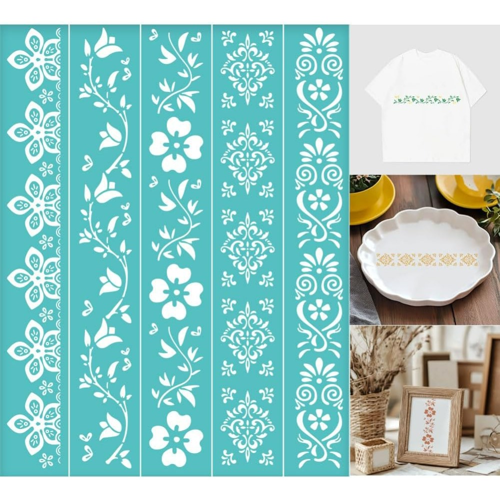 Silk Screen Printing - 2 個の花ボーダーシルクスクリーンステンシル再利用可能な自己粘着シルクスクリーン印刷植物と花柄メッシュ転写