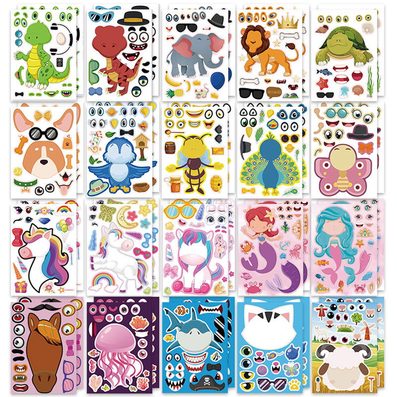 Art And Craft Zoo Animals - 12/24 枚の顔ステッカー動物園動物海恐竜ギフトフェスティバル報酬アートクラフトパーティー記念品学校パズル DIY ゲーム