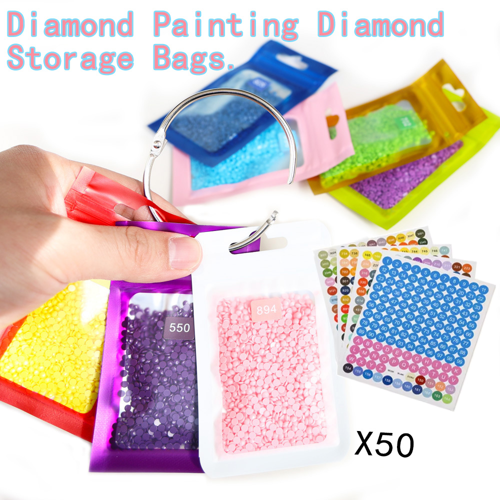 Art Craft Organizer - ダイヤモンドペインティングビーズ収納バッグ50個（ラベル付き）、DIYラインストーンアートクラフトアクセサリーオーガナイザー用再利用可能なジップバッグ