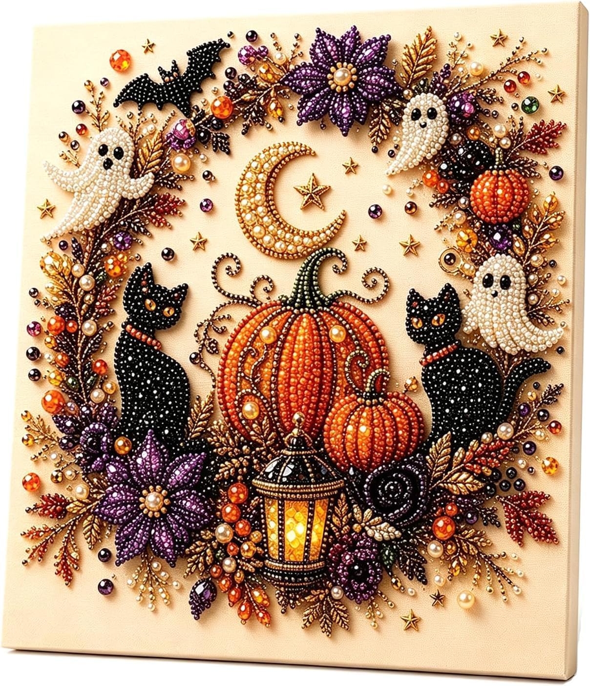 Art Craft Halloween - ハロウィンゴーストパールアートDIYキット、かわいい3Dパールモザイククラフトセット＆初心者向け、秋のホームデコレーション用の不気味なゴーストパンプキンキャンバスアート